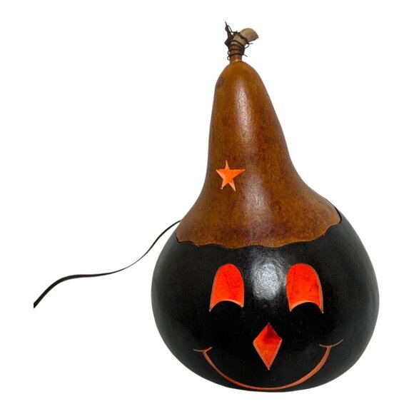 Vintage Gourd Lighted Orange & Black Pumpkin Halloween Hand Carved Folk Art Fall - Picture 2 of 13